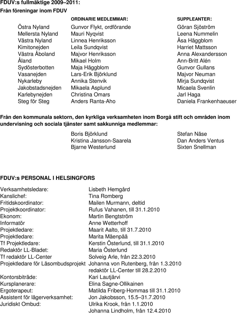 Gunvor Gullans Vasanejden Lars-Erik Björklund Majvor Neuman Nykarleby Annika Stenvik Mirja Sundqvist Jakobstadsnejden Mikaela Asplund Micaela Svenlin Karlebynejden Christina Omars Jarl Haga Steg för