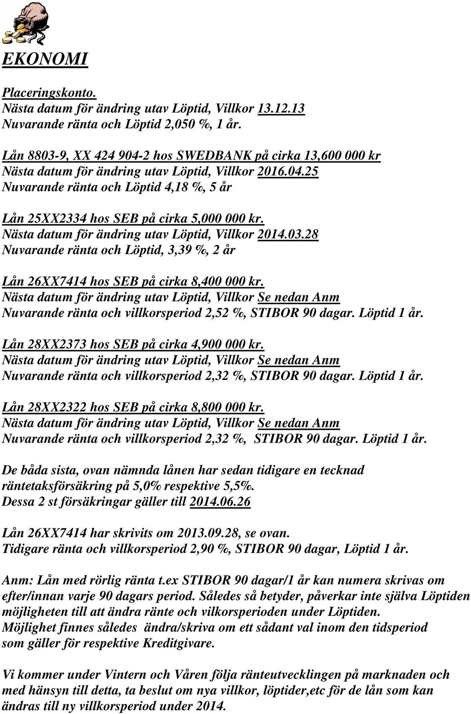 Nästa datum för ändring utav Löptid, Villkor 2014.03.28 Nuvarande ränta och Löptid, 3,39 %, 2 år Lån 26XX7414 hos SEB på cirka 8,400 000 kr.