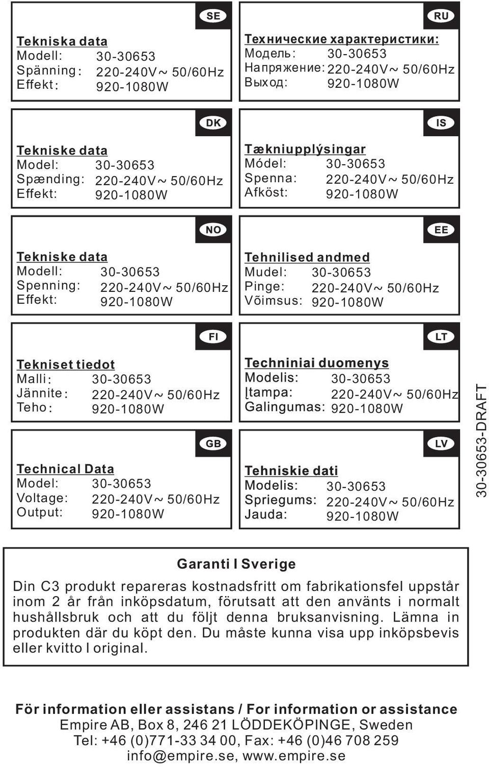 Tehnilised andmed Mudel: Pinge: Võimsus: 30-30653 220-240V~ 50/60Hz 920-1080W Tekniset tiedot Malli: 30-30653 Jännite: 220-240V~ 50/60Hz Teho: 920-1080W Technical Data Model: 30-30653 Voltage: