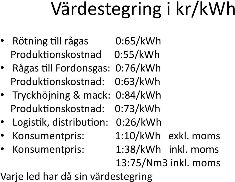Produk3onskostnad: 0:73/kWh Logis3k, distribu3on: 0:26/kWh Konsumentpris: 1:10/kWh exkl.