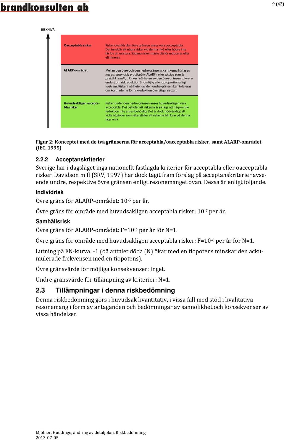 Individrisk Övre gräns för ALARP-området: 10-5 per år. Övre gräns för område med huvudsakligen acceptabla risker: 10-7 per år. Samhällsrisk Övre gräns för ALARP-området: F=10-4 per år för N=1.