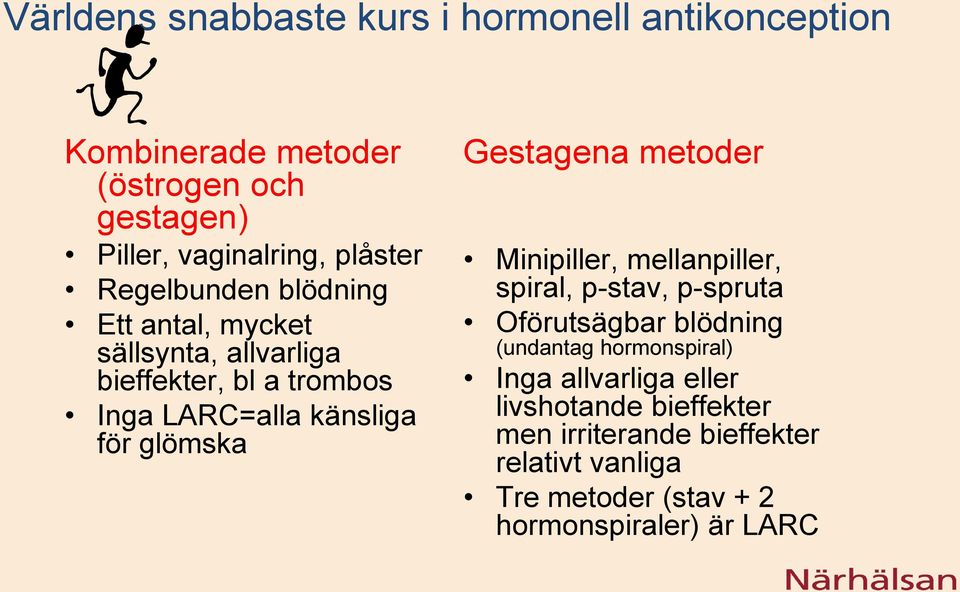 Gestagena metoder Minipiller, mellanpiller, spiral, p-stav, p-spruta Oförutsägbar blödning (undantag hormonspiral) Inga