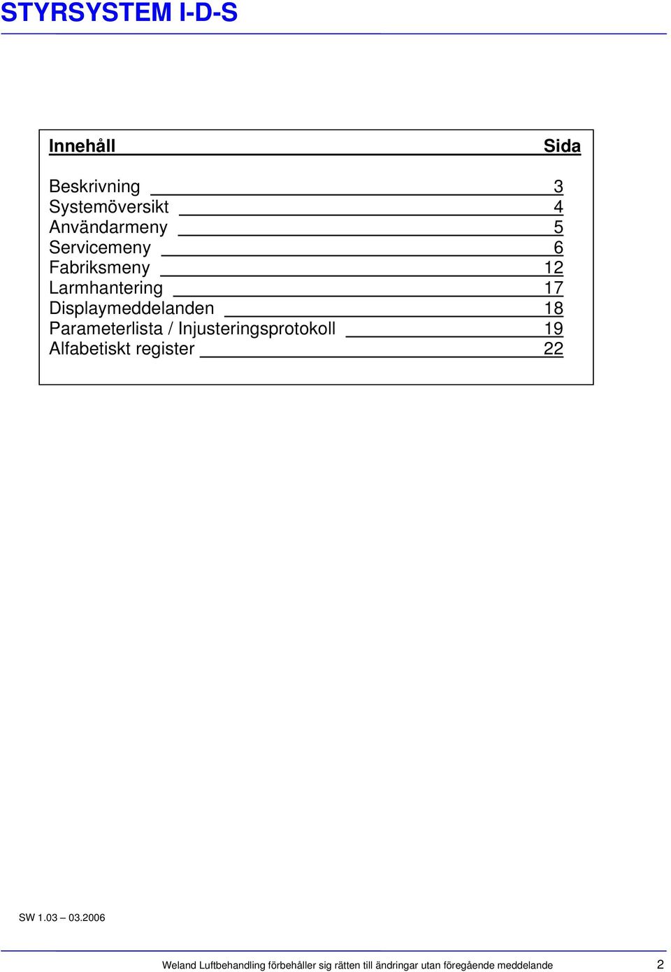 Injusteringsprotokoll 19 Alfabetiskt register 22 SW 1.03 03.