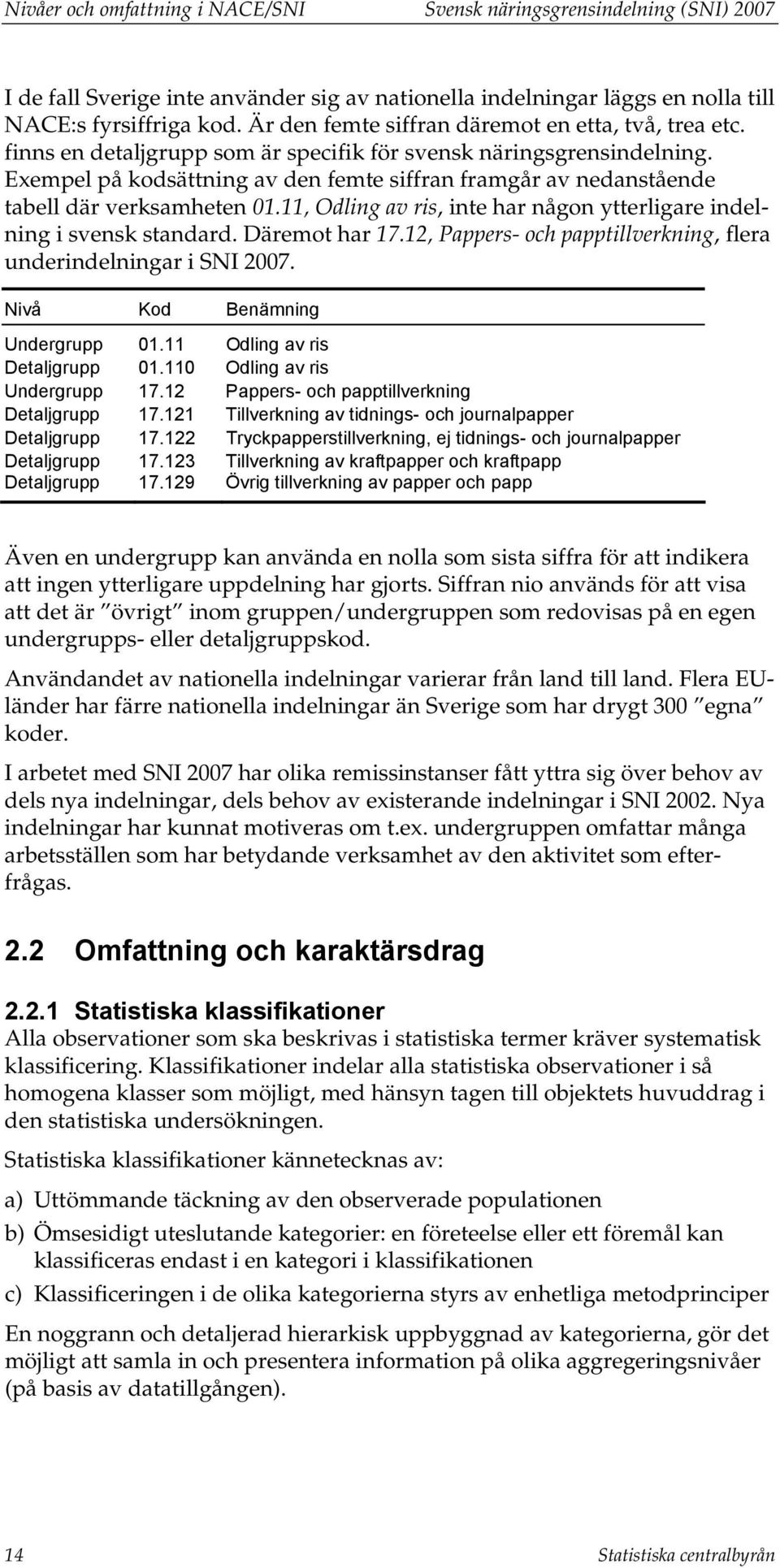 Exempel på kodsättning av den femte siffran framgår av nedanstående tabell där verksamheten 01.11, Odling av ris, inte har någon ytterligare indelning i svensk standard. Däremot har 17.