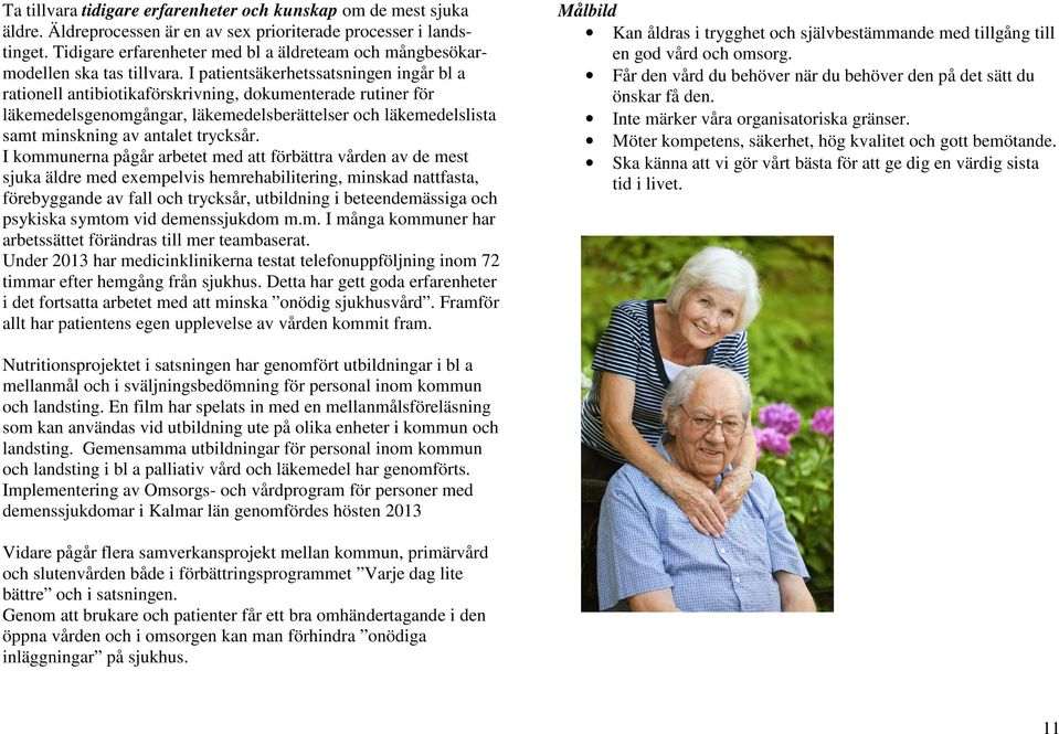 I patientsäkerhetssatsningen ingår bl a rationell antibiotikaförskrivning, dokumenterade rutiner för läkemedelsgenomgångar, läkemedelsberättelser och läkemedelslista samt minskning av antalet