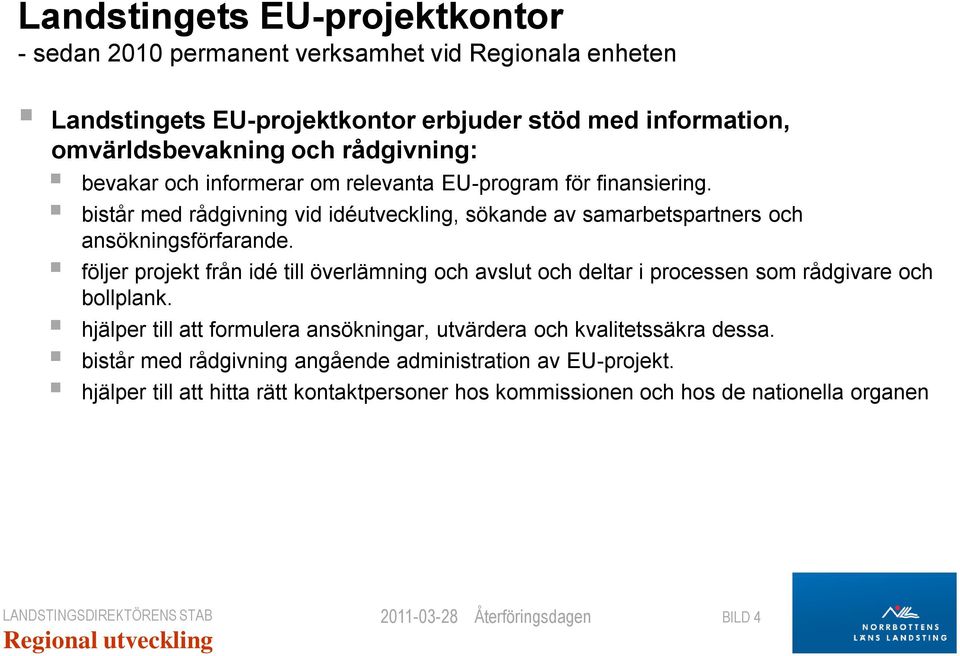 bistår med rådgivning vid idéutveckling, sökande av samarbetspartners och ansökningsförfarande.