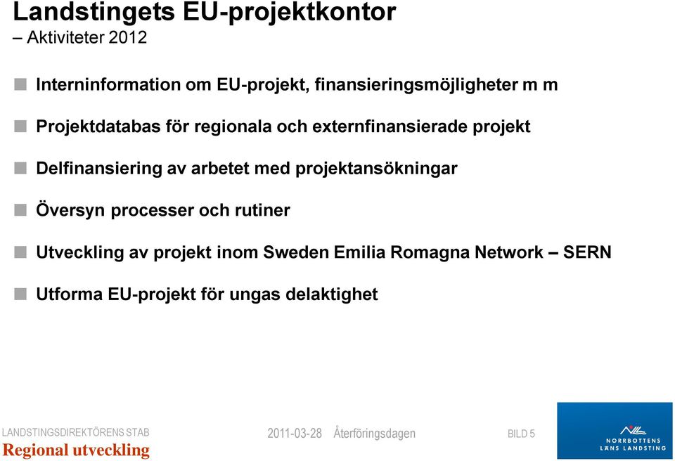 Delfinansiering av arbetet med projektansökningar Översyn processer och rutiner