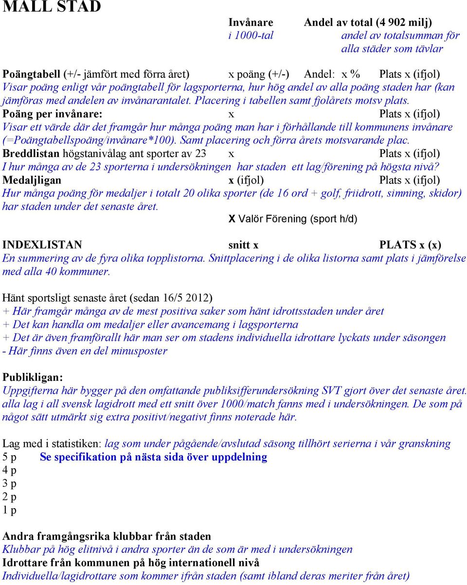 Poäng per invånare: x Plats x (ifjol) Visar ett värde där det framgår hur många poäng man har i förhållande till kommunens invånare (=Poängtabellspoäng/invånare*100).