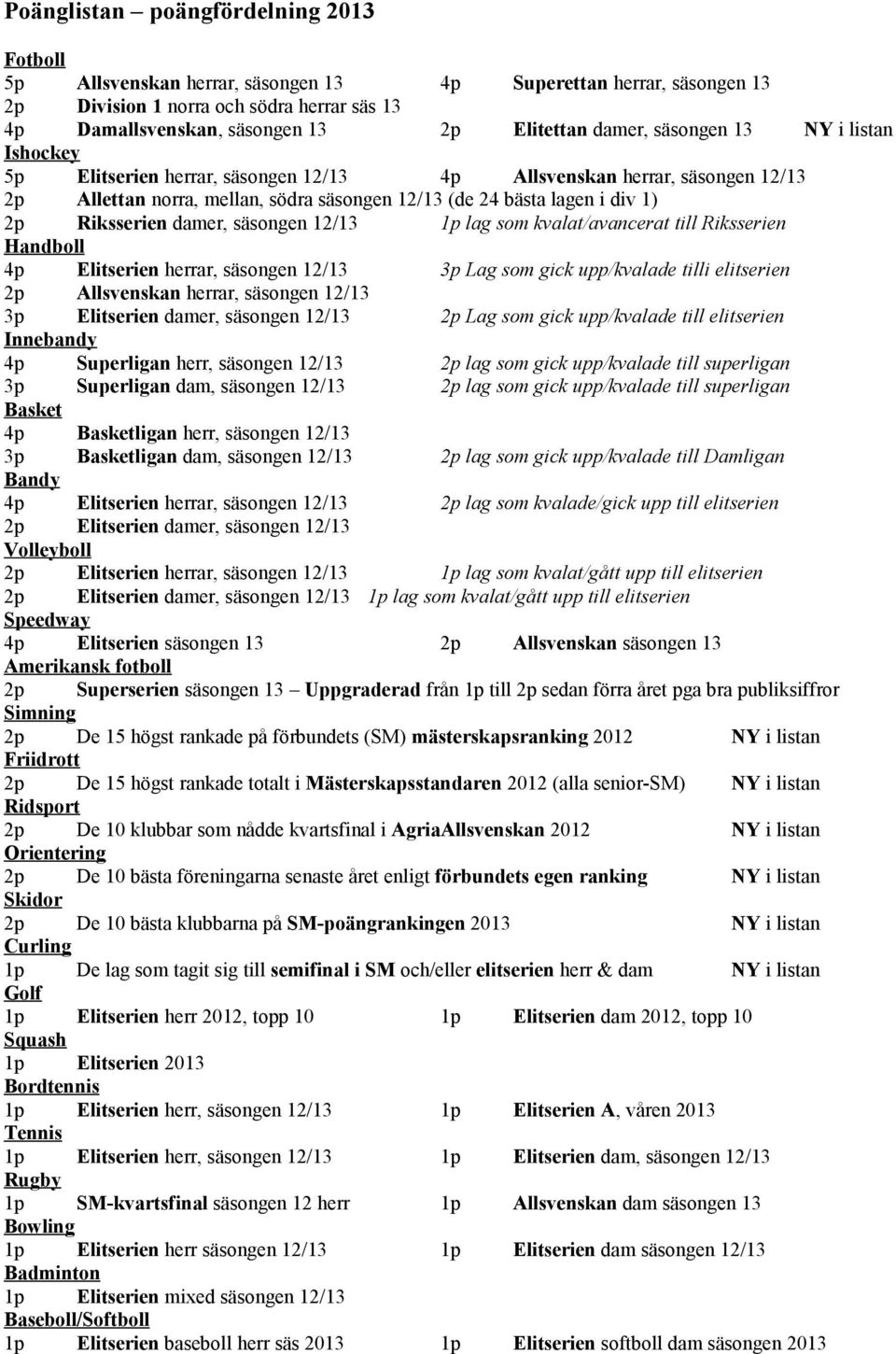 Riksserien damer, säsongen 12/13 1p lag som kvalat/avancerat till Riksserien Handboll 4p Elitserien herrar, säsongen 12/13 3p Lag som gick upp/kvalade tilli elitserien 2p Allsvenskan herrar, säsongen