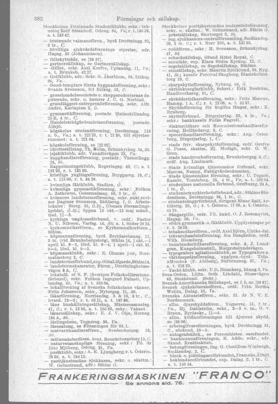 11, Va; ':::' Golfklubb, adr.: Sekr. G. lkerblom, St. Eriksg. 96, Va. - Good templars första byggnadsförening, sekr.: Svante Svensson, 8:t Eriksg. 53, C. - grosshandelssocietets o.