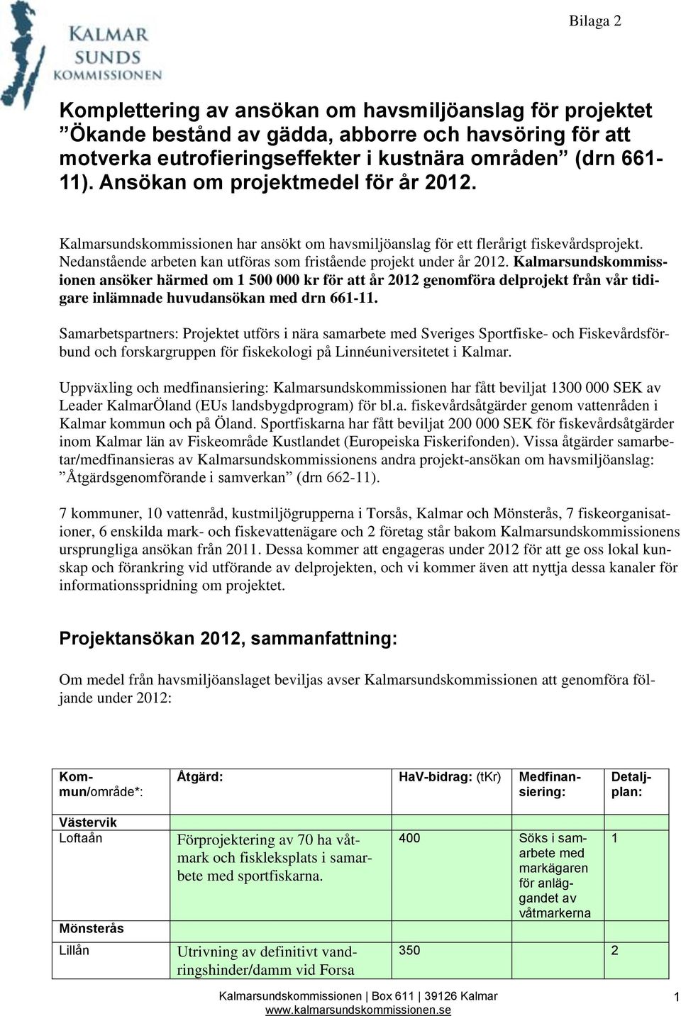 Kalmarsundskommissionen ansöker härmed om 1 500 000 kr för att år 2012 genomföra delprojekt från vår tidigare inlämnade huvudansökan med drn 661-11.