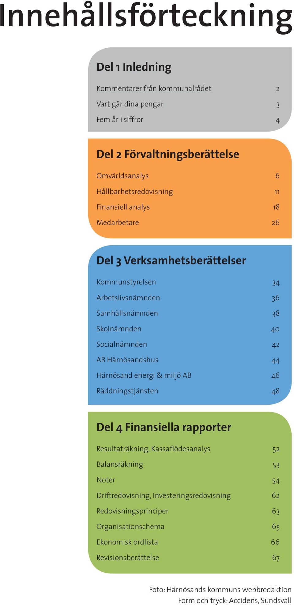 42 AB Härnösandshus 44 Härnösand energi & miljö AB 46 Räddningstjänsten 48 Del 4 Finansiella rapporter Resultaträkning, Kassaflödesanalys 52 Balansräkning 53 Noter 54