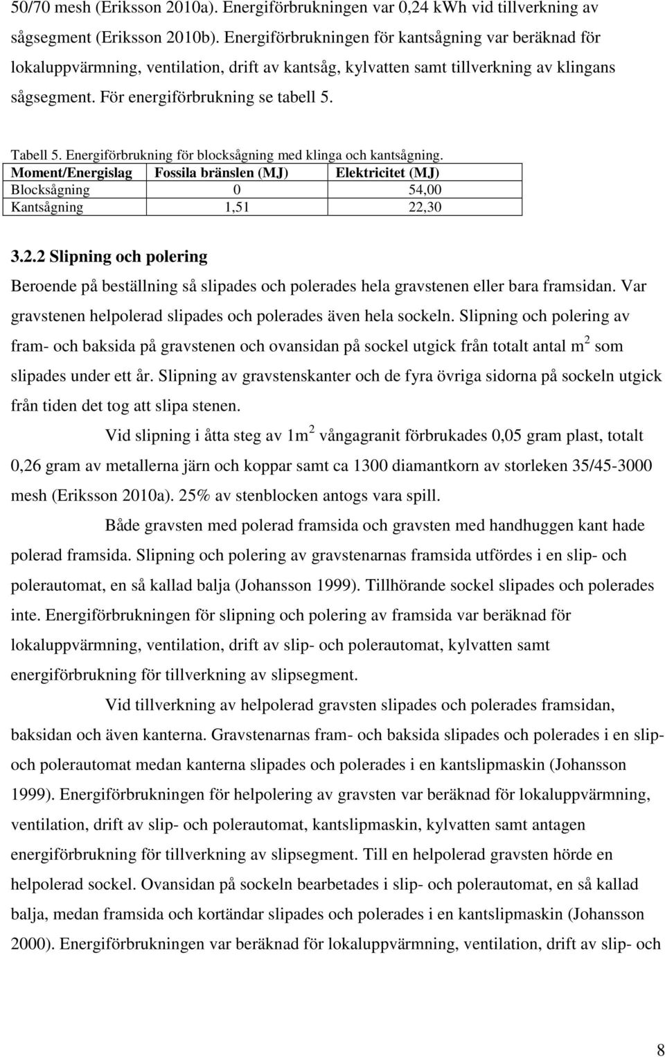 Energiförbrukning för blocksågning med klinga och kantsågning. Moment/Energislag Fossila bränslen (MJ) Elektricitet (MJ) Blocksågning 0 54,00 Kantsågning 1,51 22