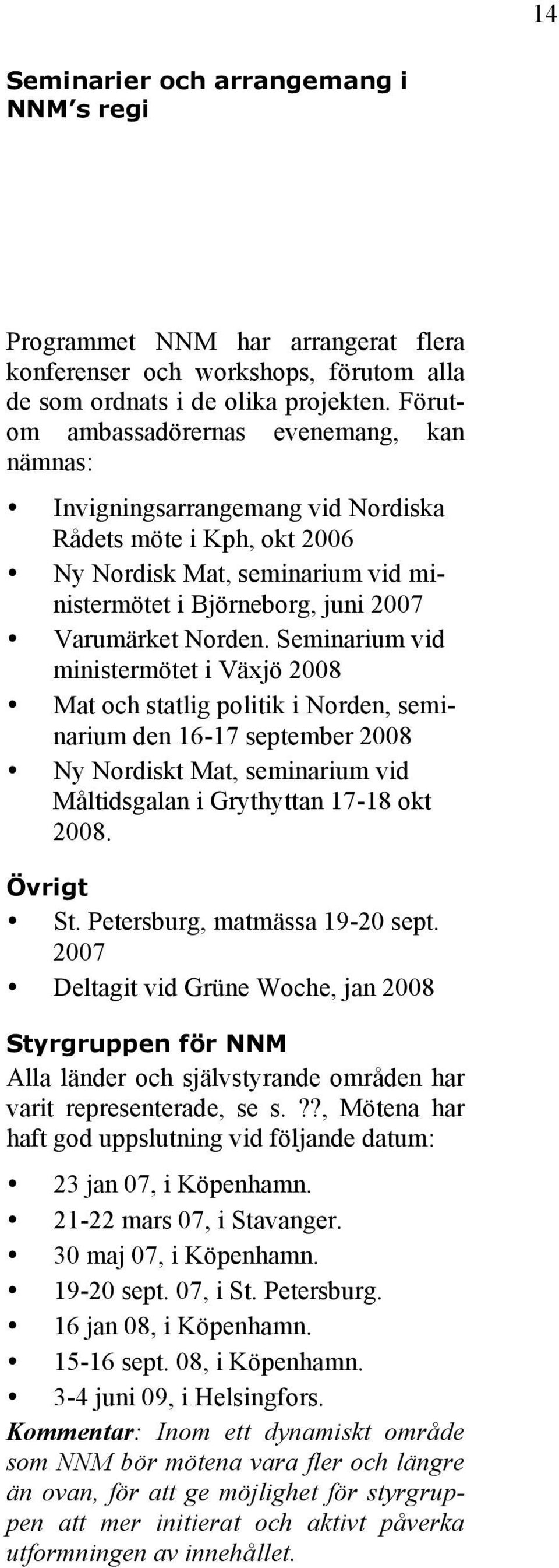 Seminarium vid ministermötet i Växjö 2008 Mat och statlig politik i Norden, seminarium den 16-17 september 2008 Ny Nordiskt Mat, seminarium vid Måltidsgalan i Grythyttan 17-18 okt 2008. Övrigt St.