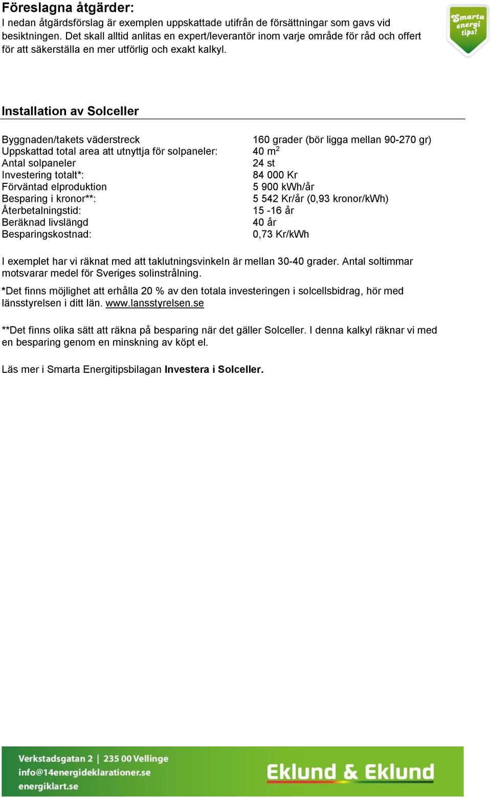 Installation av Solceller Byggnaden/takets väderstreck 160 grader (bör ligga mellan 90-270 gr) Uppskattad total area att utnyttja för solpaneler: 40 m 2 Antal solpaneler 24 st Investering totalt*: 84