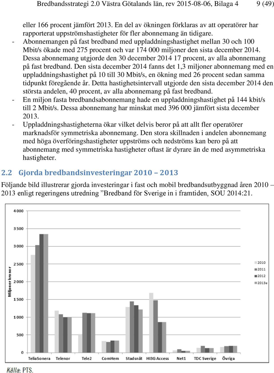 - Abonnemangen på fast bredband med uppladdningshastighet mellan 30 och 100 Mbit/s ökade med 275 procent och var 174 000 miljoner den sista december 2014.