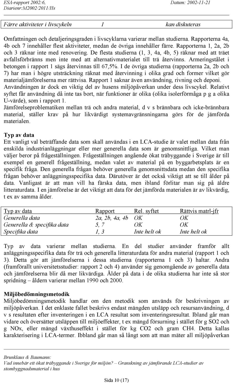 De flesta studierna (1, 3, 4a, 4b, 5) räknar med att träet avfallsförbränns men inte med att alternativmaterialet till trä återvinns. Armeringstålet i betongen i rapport 1 sägs återvinnas till 67,5%.