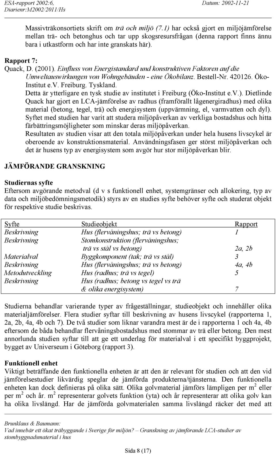 Einfluss von Energistandard und konstruktiven Faktoren auf die Umweltauswirkungen von Wohngebäuden - eine Ökobilanz. Bestell-Nr. 420126. Öko- Institut e.v. Freiburg. Tyskland.