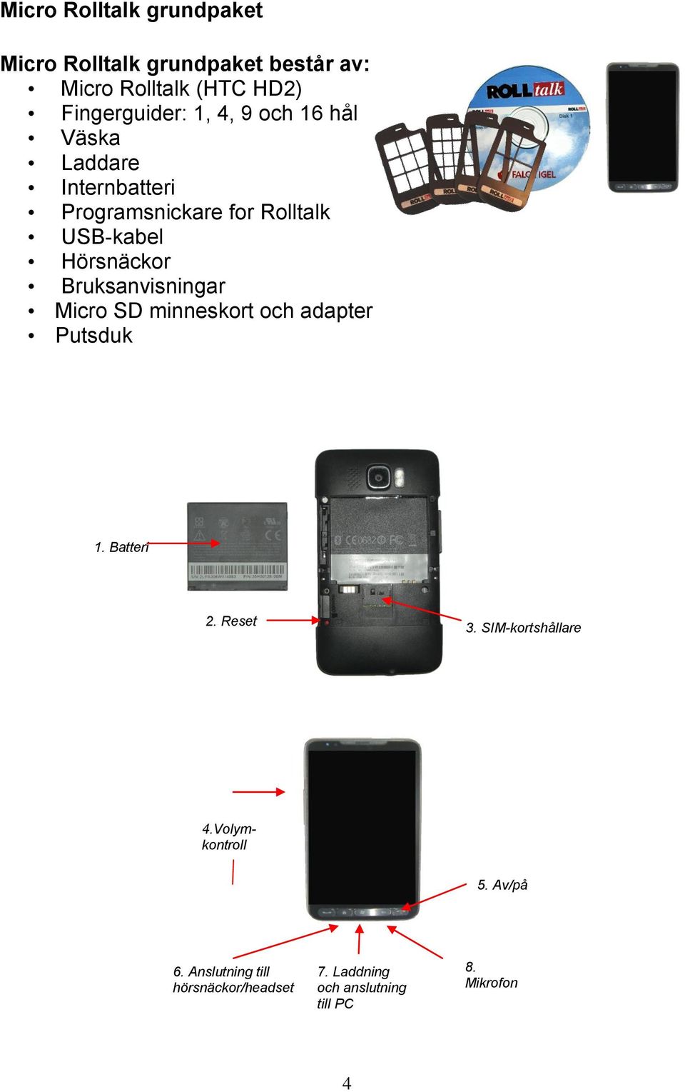 Bruksanvisningar Micro SD minneskort och adapter Putsduk 1. Batteri 2. Reset 3. SIM-kortshållare 4.