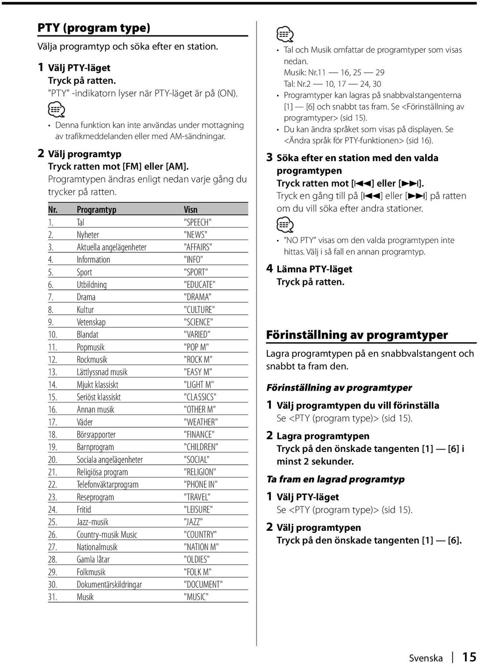 Programtypen ändras enligt nedan varje gång du trycker på ratten. Nr. Programtyp Visn 1. Tal "SPEECH" 2. Nyheter "NEWS" 3. Aktuella angelägenheter "AFFAIRS" 4. Information "INFO" 5. Sport "SPORT" 6.