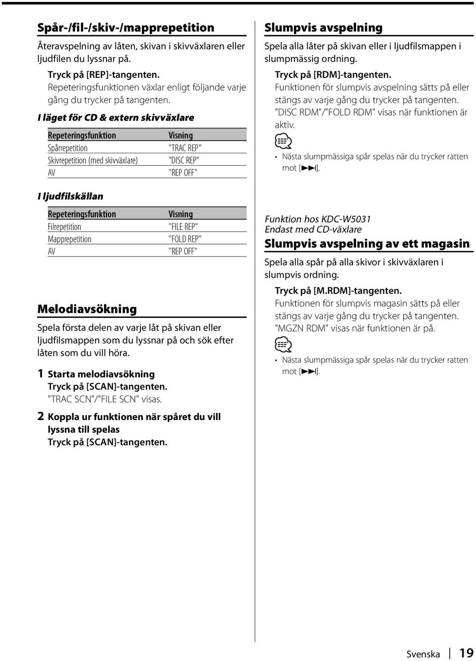 I läget för CD & extern skivväxlare Repeteringsfunktion Spårrepetition Skivrepetition (med skivväxlare) AV I ljudfilskällan Repeteringsfunktion Filrepetition Mapprepetition AV "TRAC REP" "DISC REP"