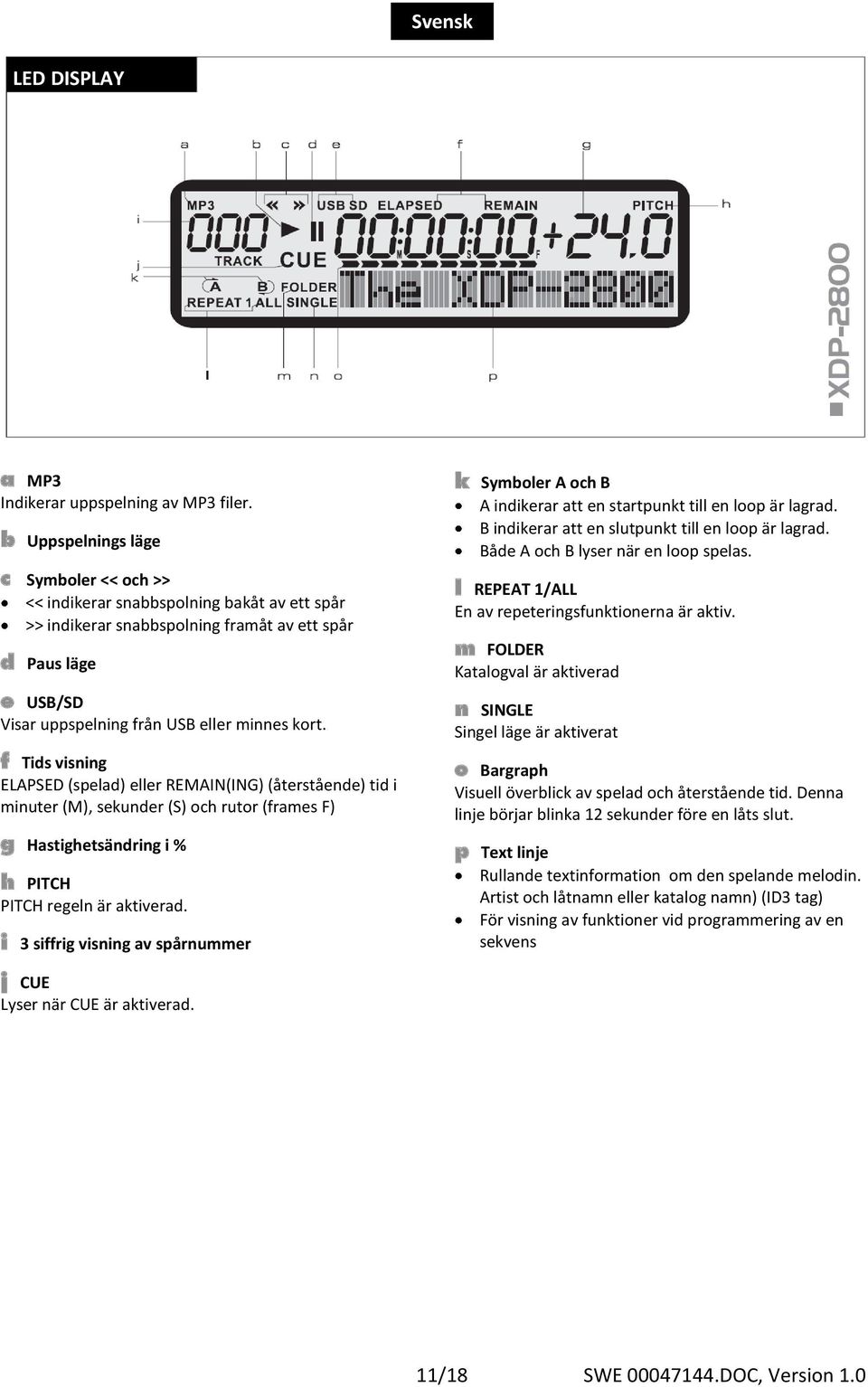 f Tids visning ELAPSED (spelad) eller REMAIN(ING) (återstående) tid i minuter (M), sekunder (S) och rutor (frames F) g Hastighetsändring i % h PITCH PITCH regeln är aktiverad.