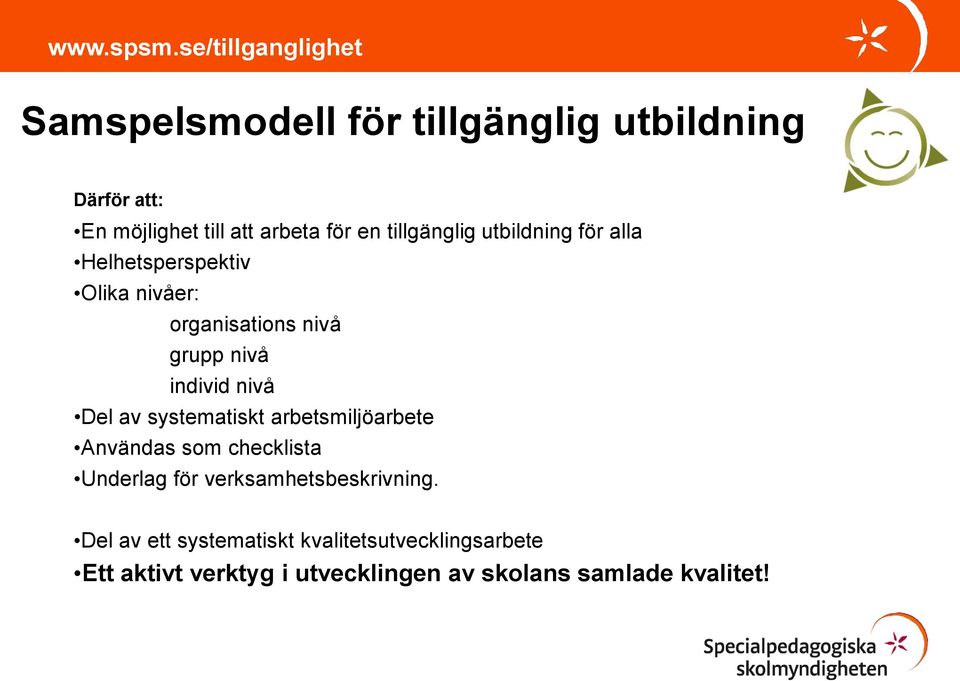 tillgänglig utbildning för alla Helhetsperspektiv Olika nivåer: organisations nivå grupp nivå individ nivå