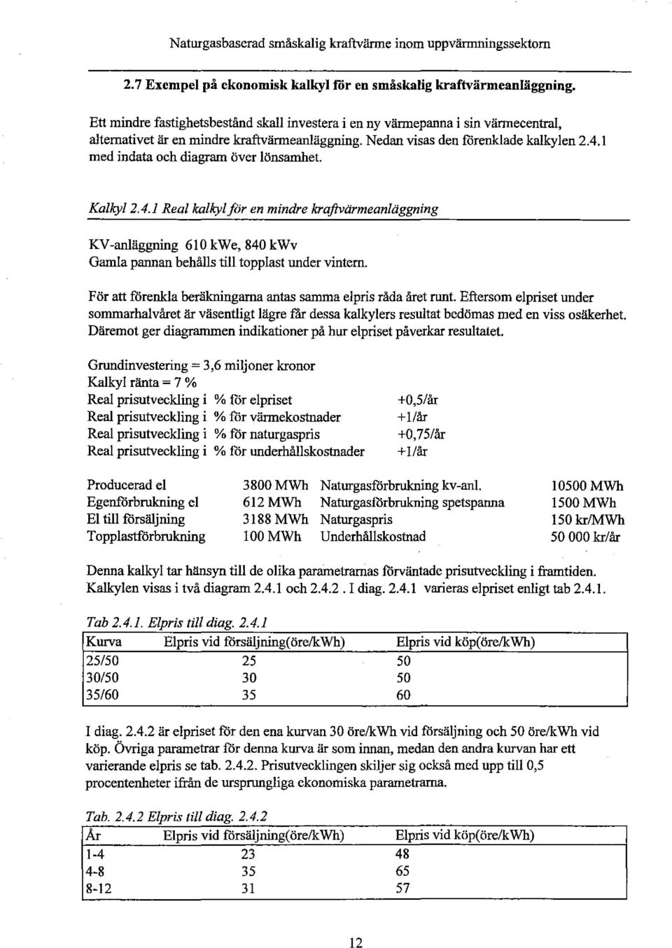 1 med indata och diagram över lönsamhet. Kallryl 2.4.1 Real kallrylför en mindre kraftvärmeanläggning KV-anläggning 610 kw e, 840 kwv Gamla pannan behålls till topplast under vintern.