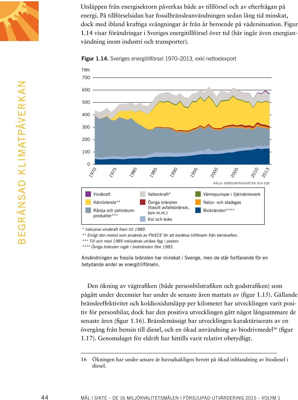 14 visar förändringar i Sveriges energitillförsel över tid (här ingår även energianvändning inom industri och transporter). Figur 1.14. Sveriges energitillförsel 1970 2013, exkl nettoelexport TWh 700