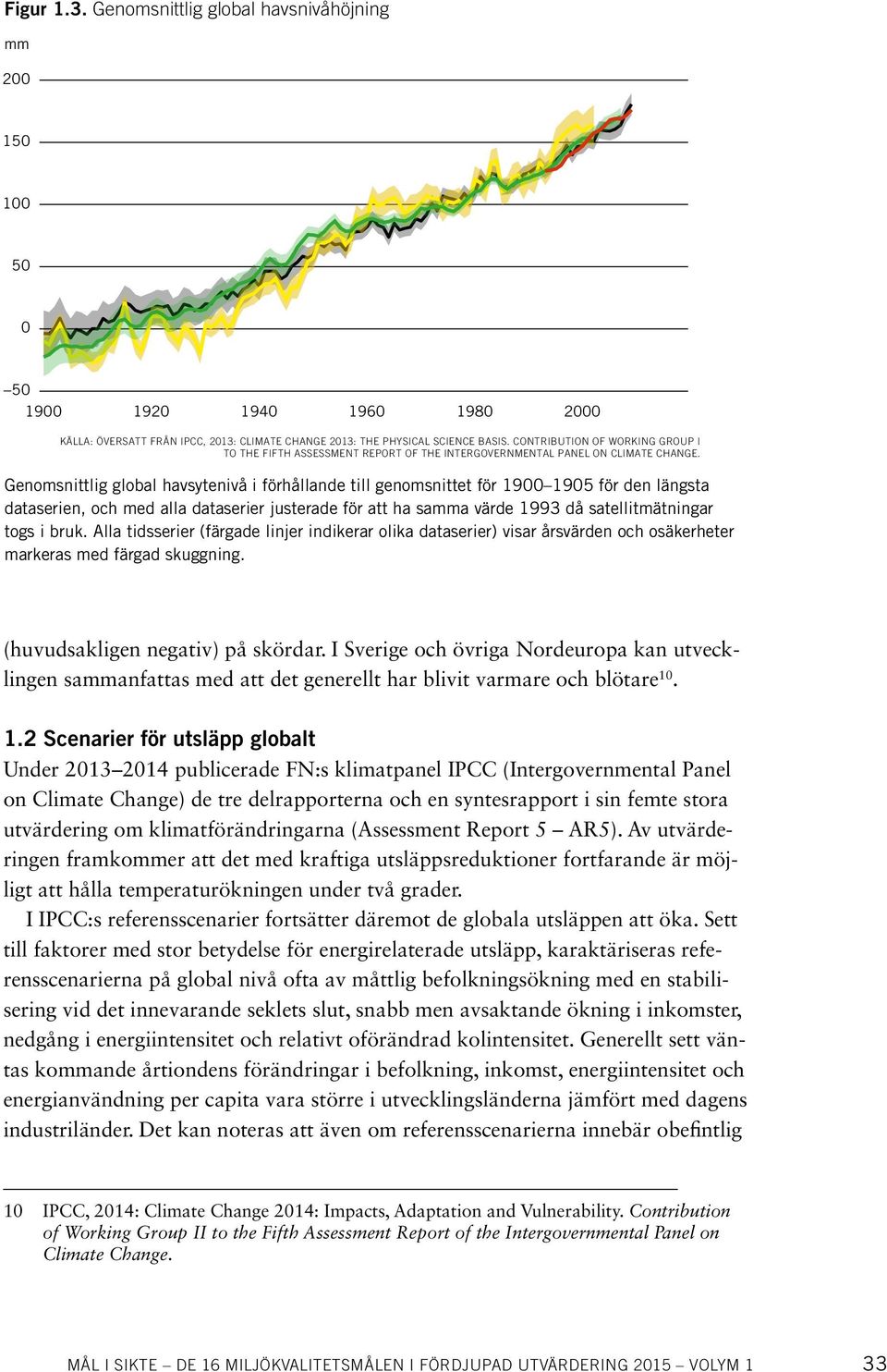 Genomsnittlig global havsytenivå i förhållande till genomsnittet för 1900 1905 för den längsta dataserien, och med alla dataserier justerade för att ha samma värde 1993 då satellitmätningar togs i