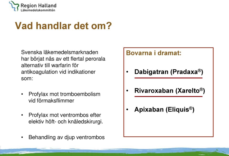 för antikoagulation vid indikationer som: Profylax mot tromboembolism vid förmaksflimmer