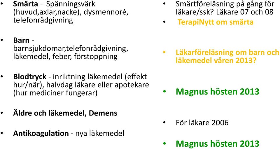 fungerar) Äldre och läkemedel, Demens Antikoagulation nya läkemedel Smärtföreläsning på gång för läkare/ssk?