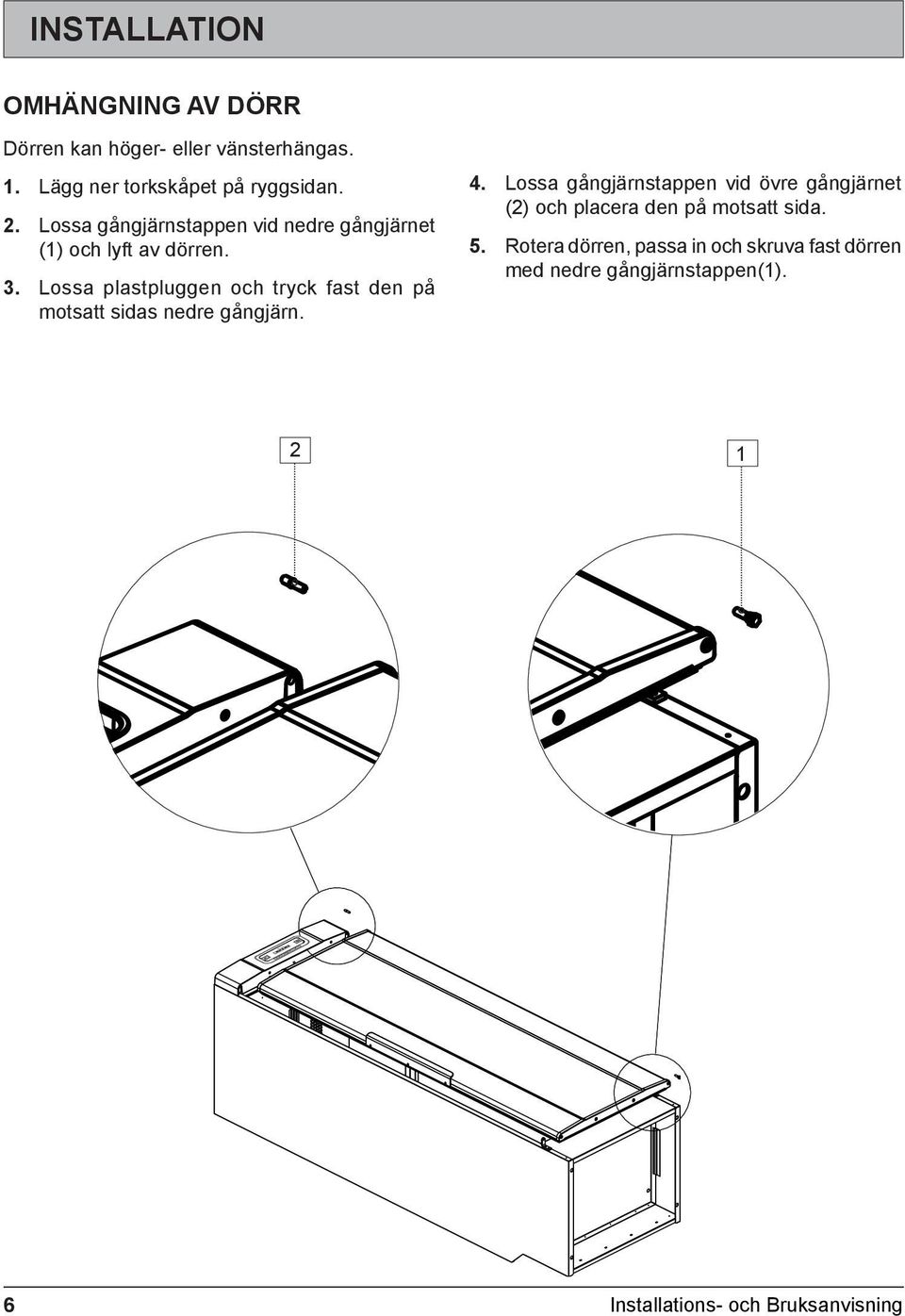 Lossa plastpluggen och tryck fast den på motsatt sidas nedre gångjärn. 4.