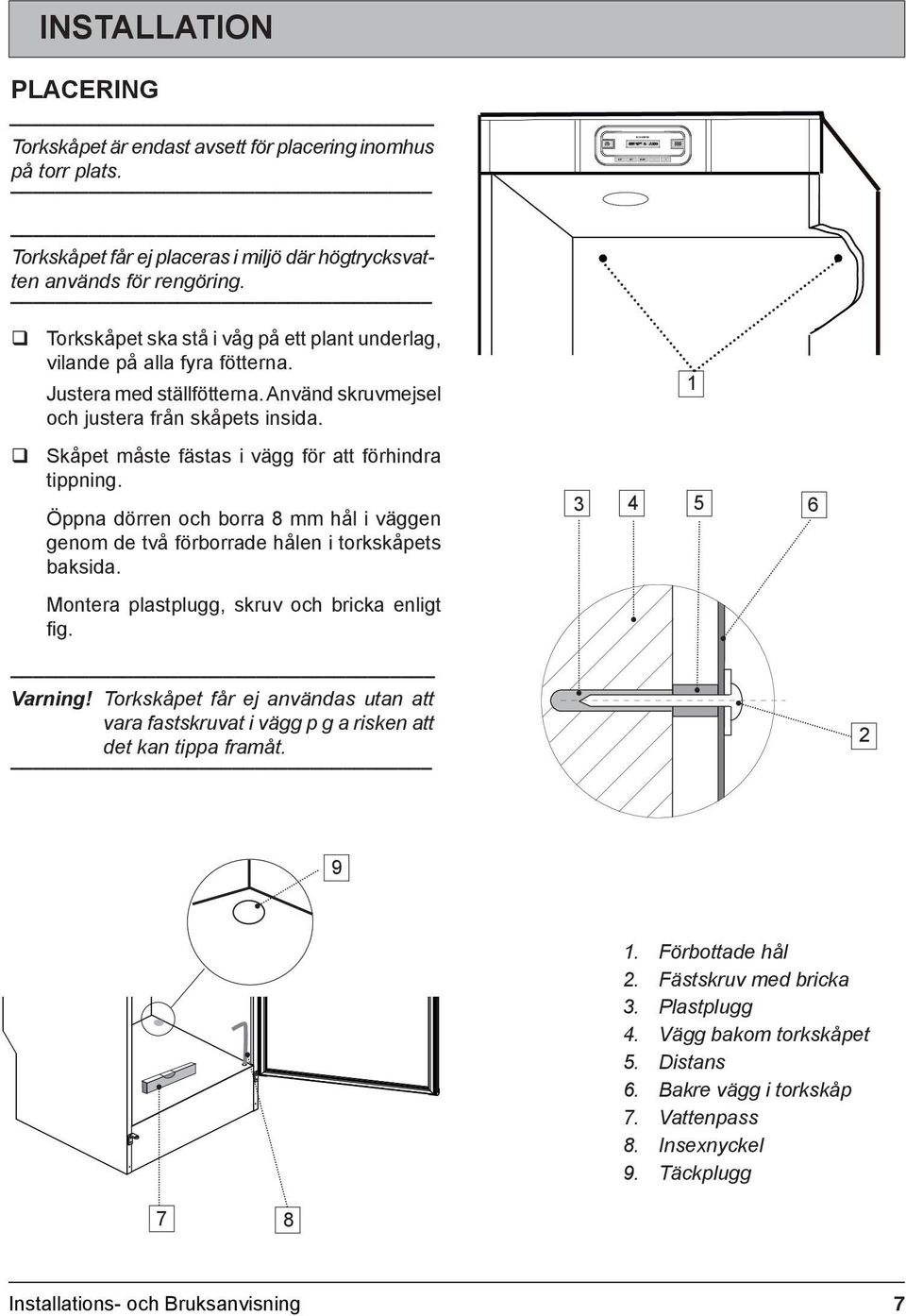 Använd skruvmejsel och justera från skåpets insida. Skåpet måste fästas i vägg för att förhindra tippning. Öppna dörren och borra 8 mm hål i väggen genom de två förborrade hålen i torkskåpets baksida.