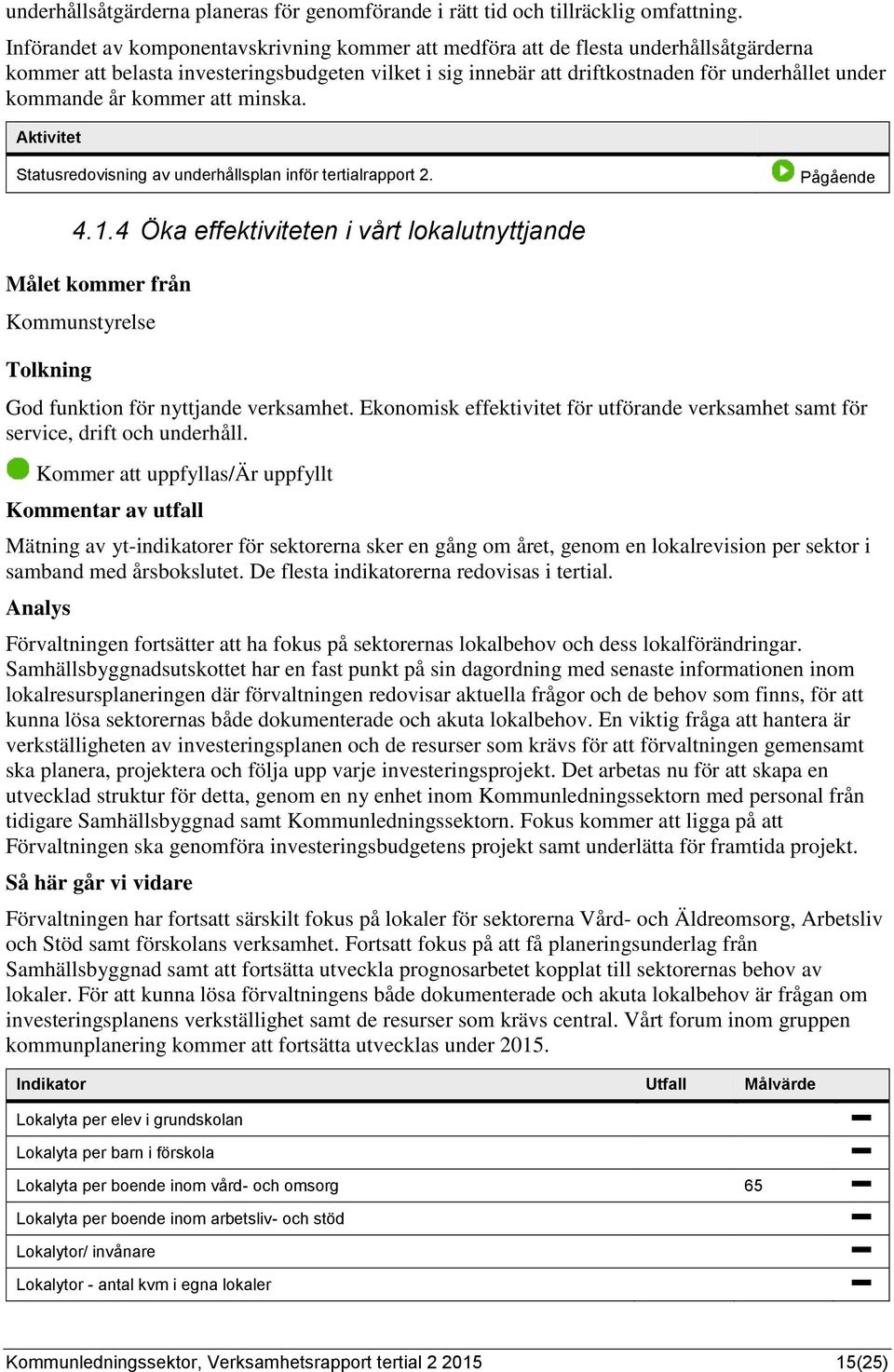 år kommer att minska. Aktivitet Statusredovisning av underhållsplan inför tertialrapport 2. 4.1.