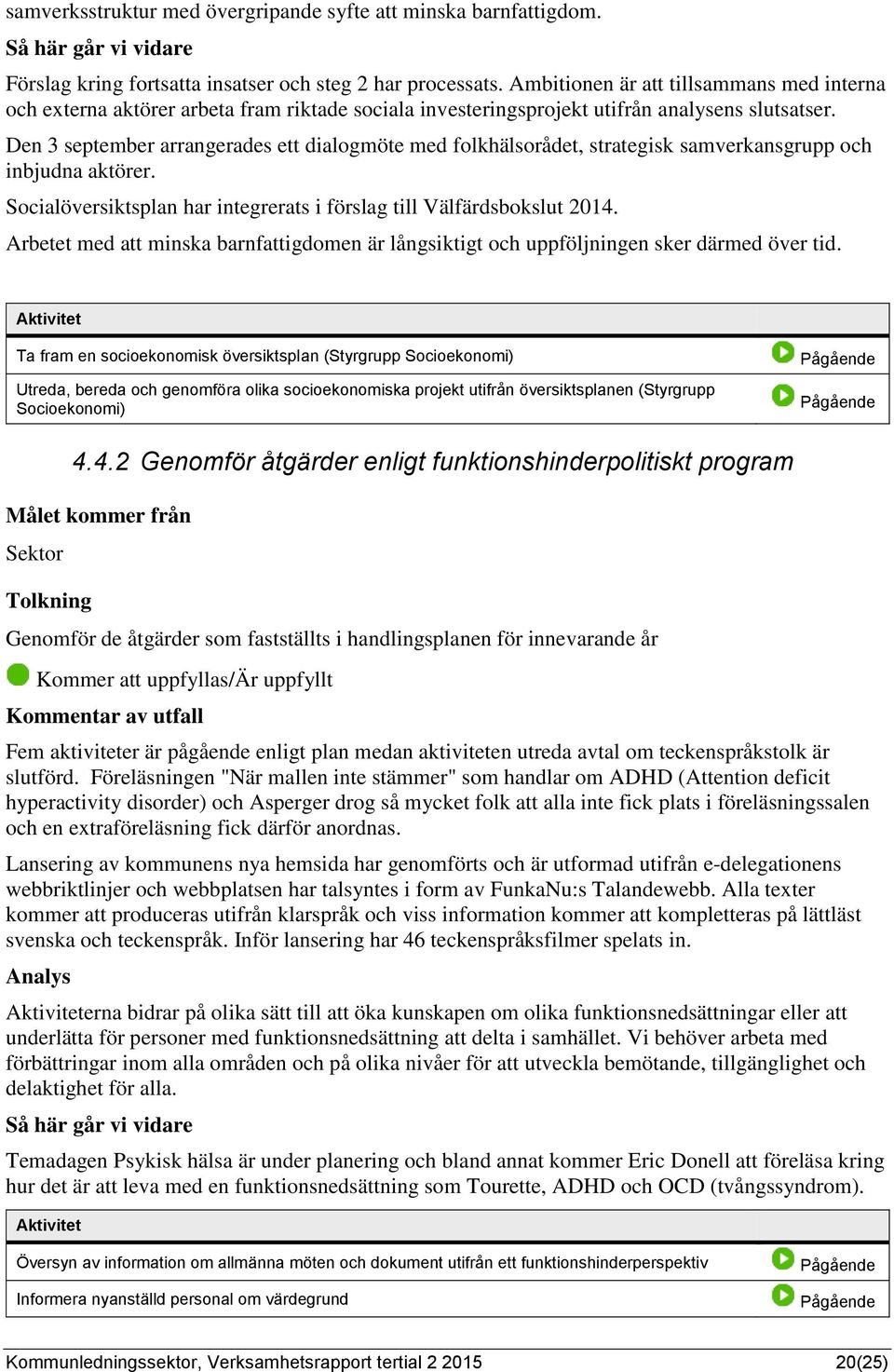 Den 3 september arrangerades ett dialogmöte med folkhälsorådet, strategisk samverkansgrupp och inbjudna aktörer. Socialöversiktsplan har integrerats i förslag till Välfärdsbokslut 2014.