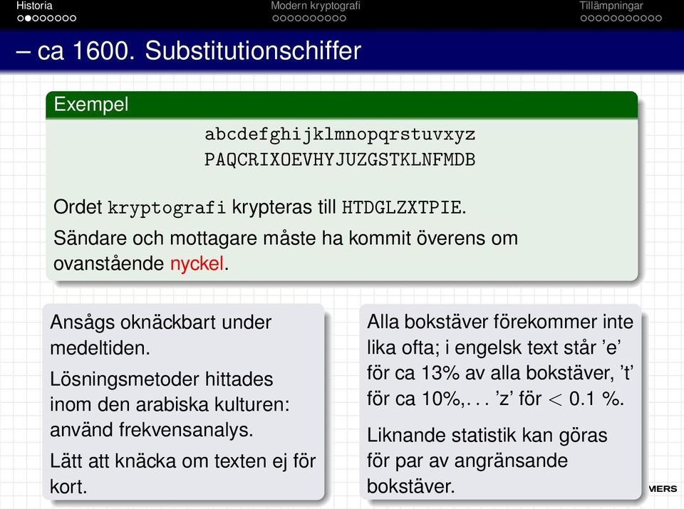 Lösningsmetoder hittades inom den arabiska kulturen: använd frekvensanalys. Lätt att knäcka om texten ej för kort.