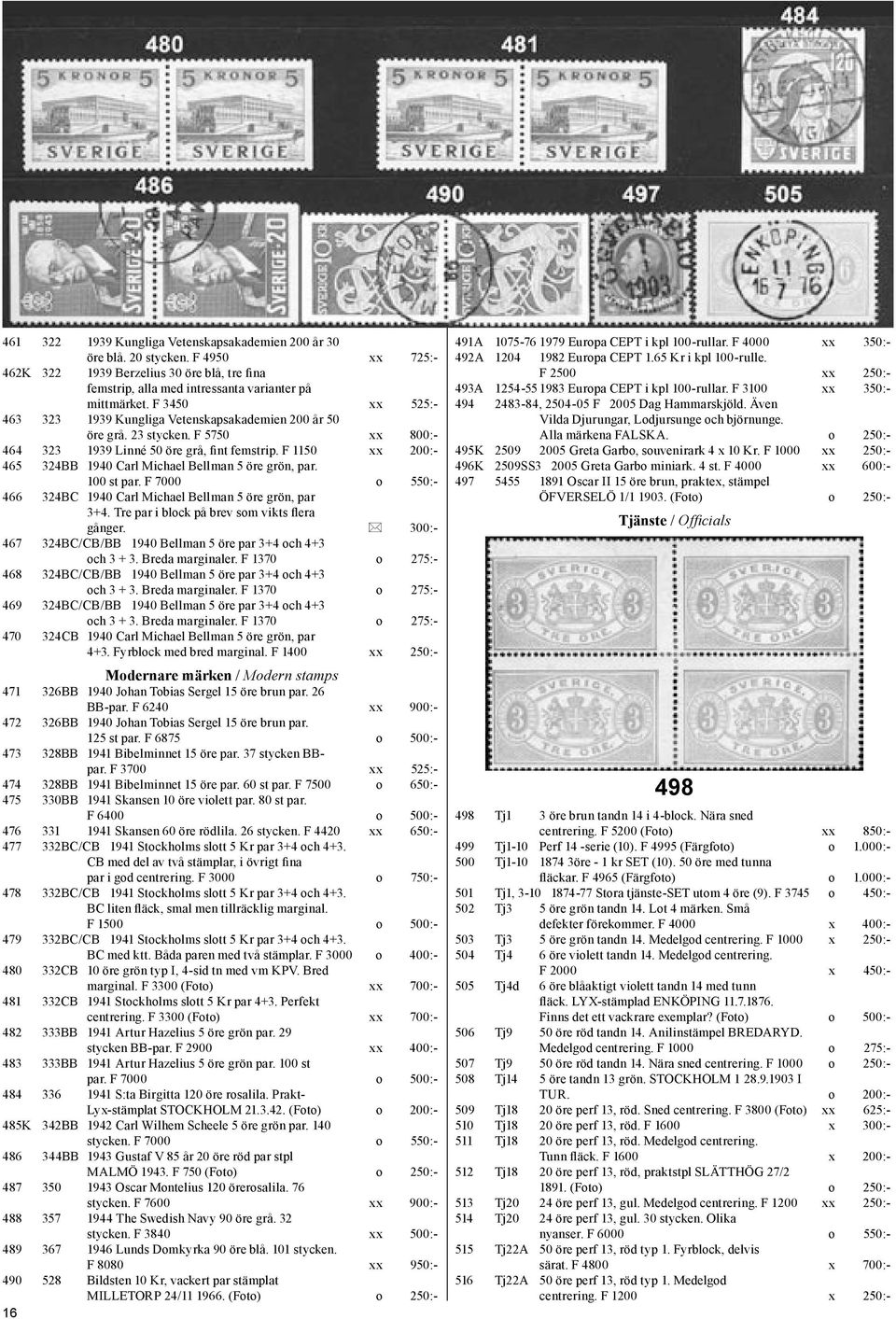 F 1150 xx 200:- 465 324BB 1940 Carl Michael Bellman 5 öre grön, par. 100 st par. F 7000 o 550:- 466 324BC 1940 Carl Michael Bellman 5 öre grön, par 3+4. Tre par i block på brev som vikts flera gånger.