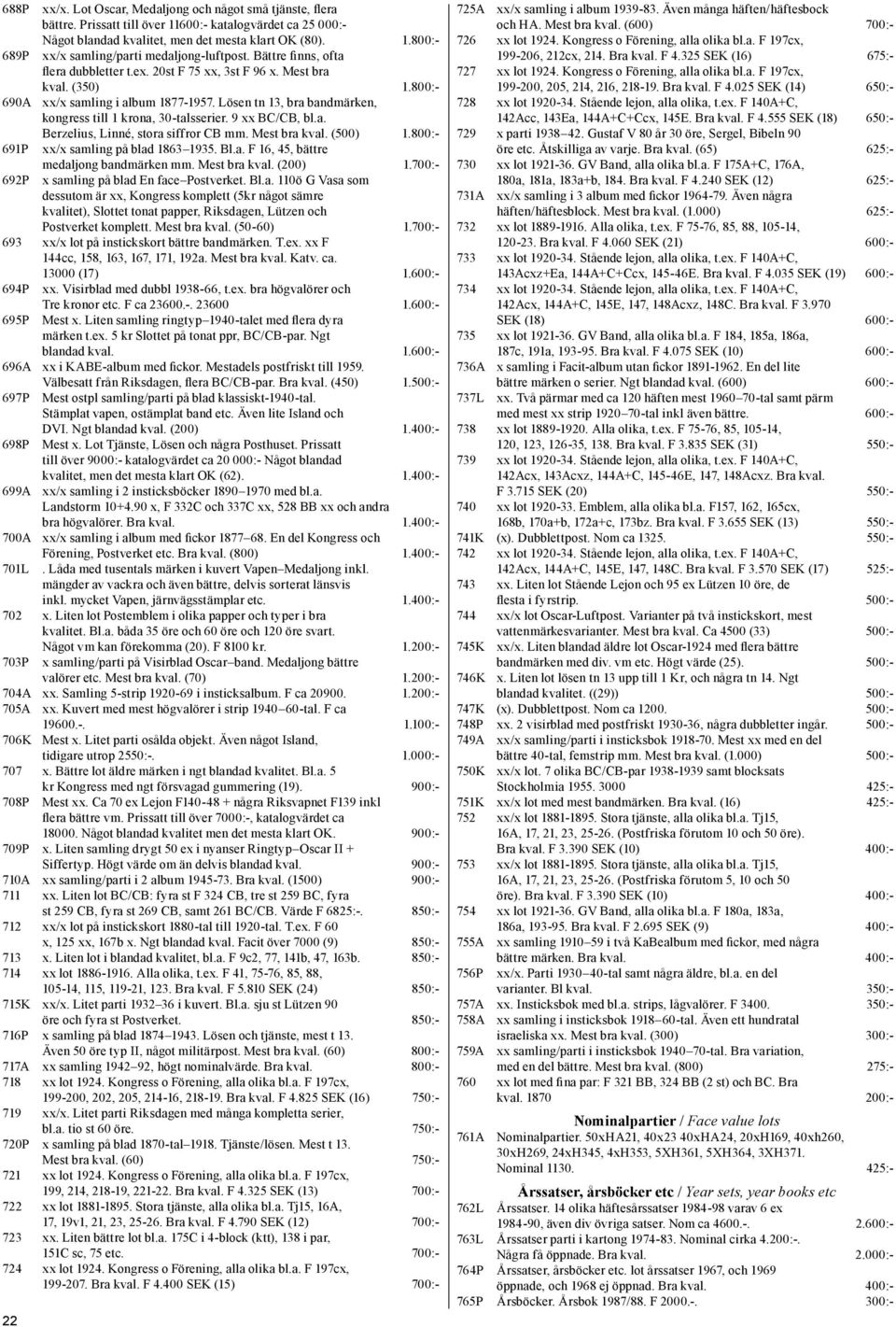 9 xx BC/CB, bl.a. Berzelius, Linné, stora siffror CB mm. Mest bra kval. (500) 1.800:- 691P 692P xx/x samling på blad 1863 1935. Bl.a. F 16, 45, bättre medaljong bandmärken mm. Mest bra kval. (200) 1.