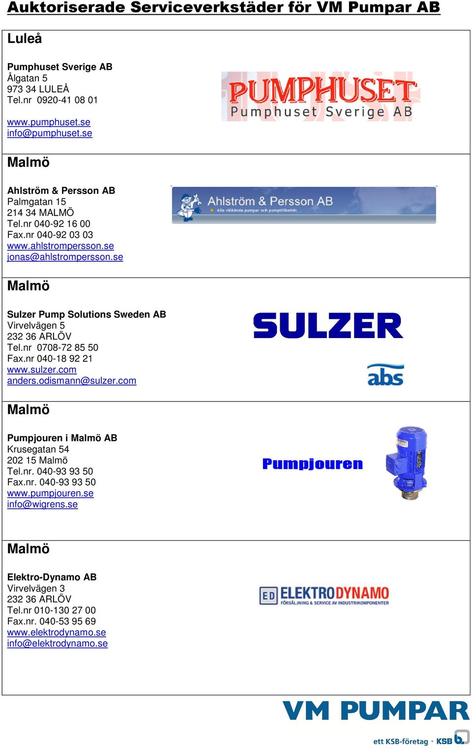 se Malmö Sulzer Pump Solutions Sweden AB Virvelvägen 5 232 36 ARLÖV Tel.nr 0708-72 85 50 Fax.nr 040-18 92 21 www.sulzer.com anders.odismann@sulzer.