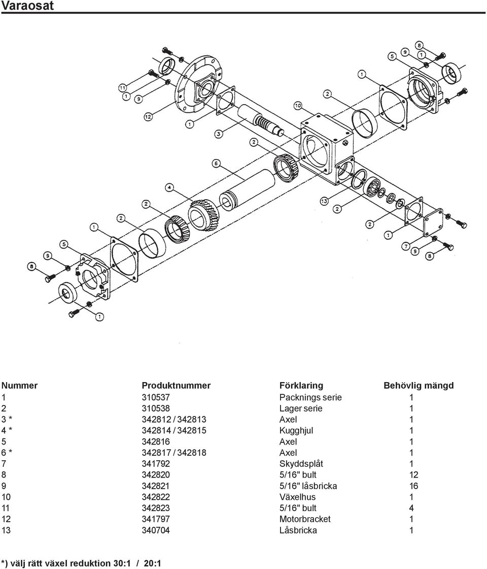 Axel 1 7 341792 Skyddsplåt 1 8 342820 5/16" bult 12 9 342821 5/16" låsbricka 16 10 342822 Växelhus 1