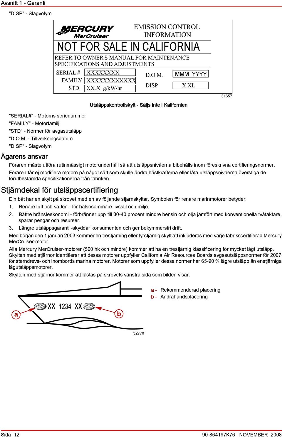 XL 31657 "SERIAL#" - Motorns serienummer "FAMILY" - Motorfmilj "STD" - Normer för vgsutsläpp "D.O.M. - Tillverkningsdtum "DISP" - Slgvolym Ägrens nsvr Förren måste utför rutinmässigt motorunderhåll så tt utsläppsnivåern iehålls inom föreskrivn certifieringsnormer.