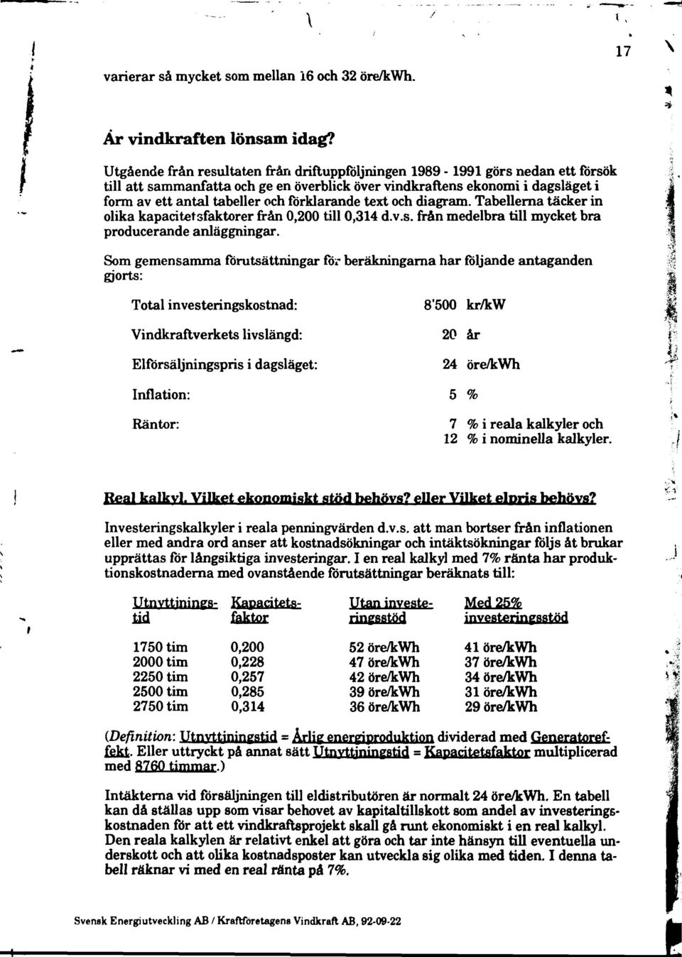 förklarande text och diagram. Tabellerna täcker in olika kapacitetsfaktorer från 0,200 till 0,34 d.v.s. från medelbra till mycket bra producerande anläggningar.