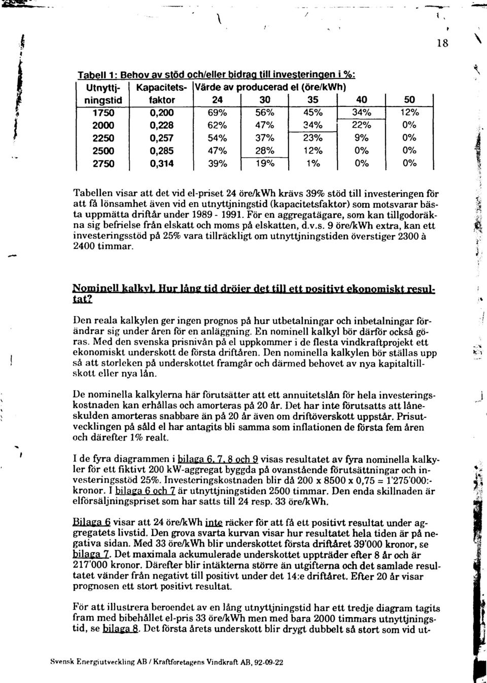 en utnyttjningstid (kapacitetsfaktor) som motsvarar bästa uppmätta driftår under 989-99. För en aggregatägare, som kan tillgodoräkna sig befrielse från elskatt och moms på elskatten, d.v.s. 9 öre/kwh extra, kan ett investeringsstöd på 25% vara tillräckligt om utnyttjningstiden överstiger 2300 å 2400 timmar.