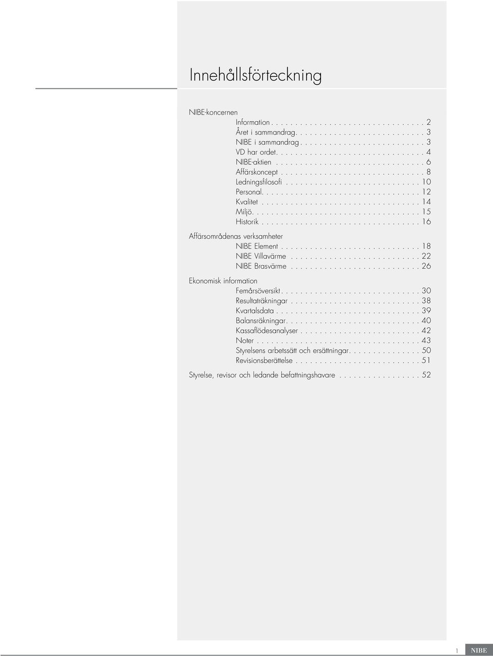 ................................ 14 Miljö................................... 15 Historik................................. 16 Affärsområdenas verksamheter NIBE Element............................. 18 NIBE Villavärme.