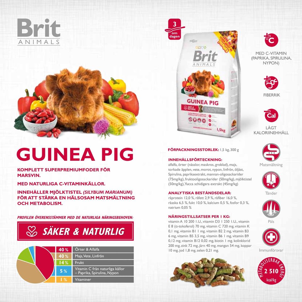 40 % 40 % 14 % 5 % 1 % Örter & Alfalfa Majs, Vete, Linfrön Vitamin C från naturliga källor Paprika, Spirulina, Nypon Vitaminer FÖRPACKNINGSSTORLEK: 1,5 kg, 300 g INNEHÅLLSFÖRTECKNING: alfalfa, örter