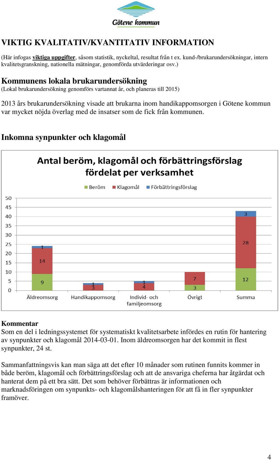 ) Kommunens lokala brukarundersökning (Lokal brukarundersökning genomförs vartannat år, och planeras till 2015) 2013 års brukarundersökning visade att brukarna inom handikappomsorgen i Götene kommun