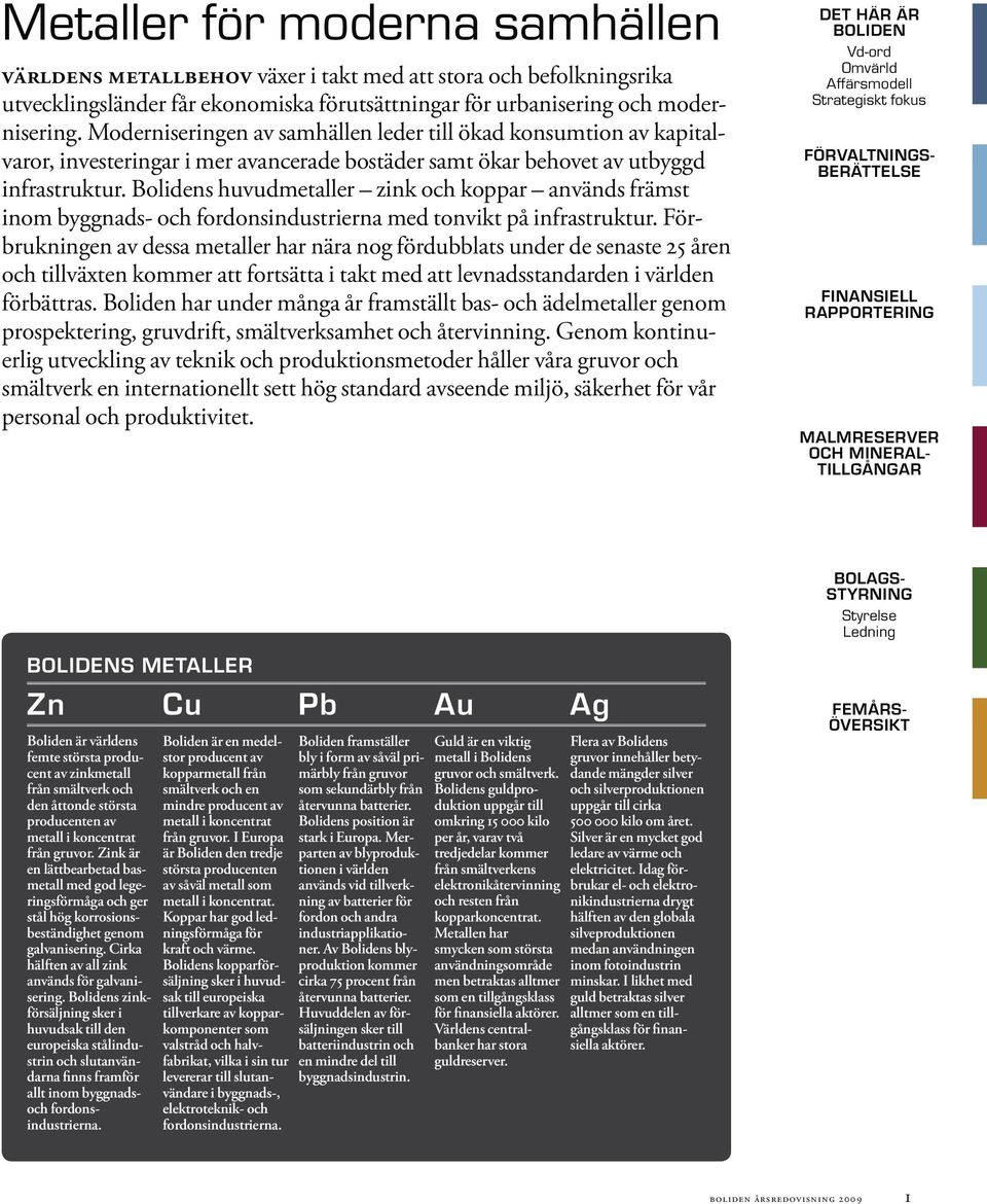 Bolidens huvudmetaller zink och koppar används främst inom byggnads- och fordonsindustrierna med tonvikt på infrastruktur.