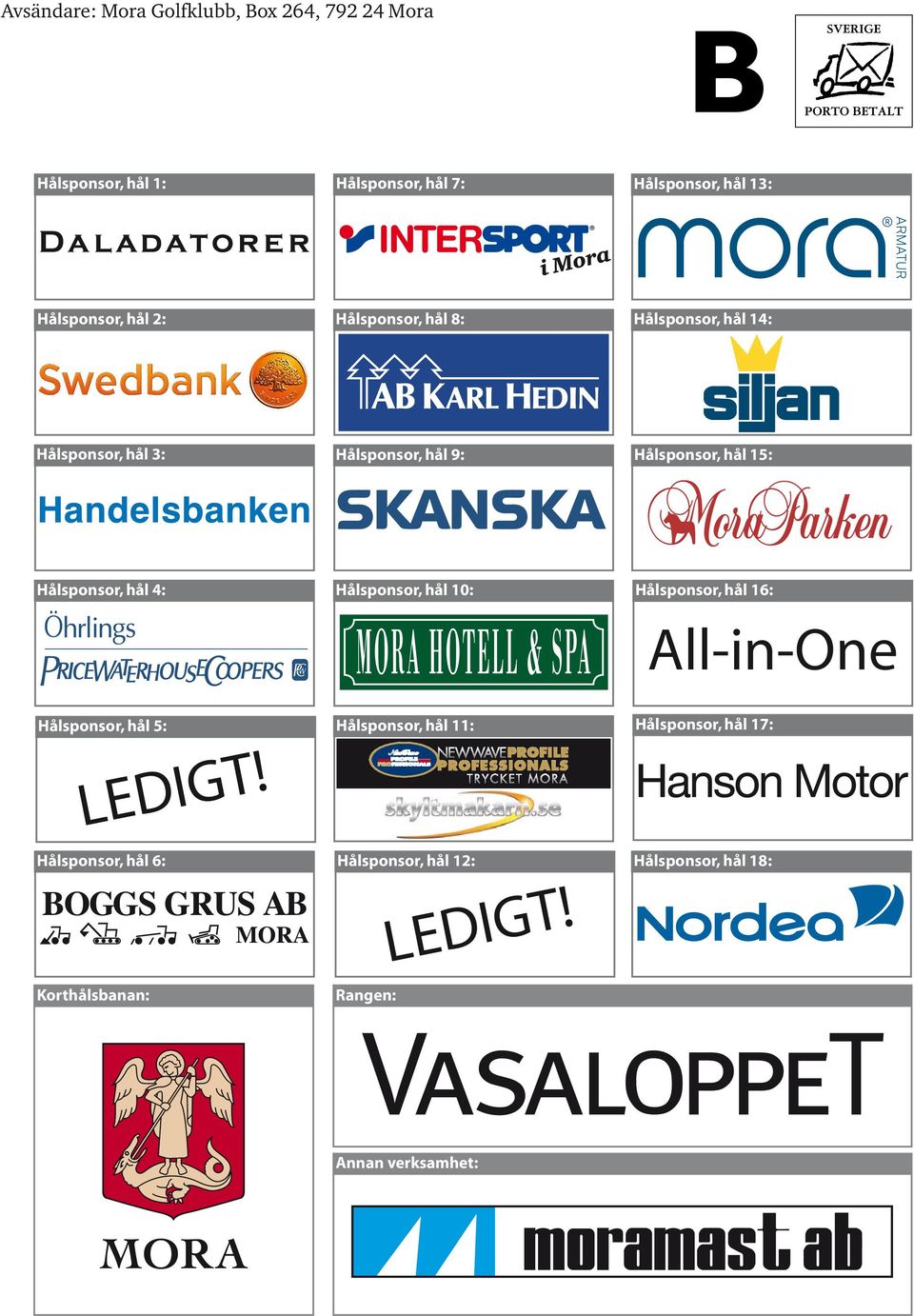 hål 4: Hålsponsor, hål 10: Hålsponsor, hål 16: All-in-One Hålsponsor, hål 5: Hålsponsor, hål 11: Hålsponsor, hål 17: