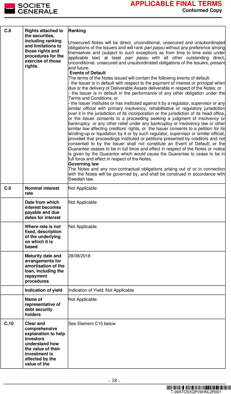 for amortisation of the loan, including the repayment procedures Indication of yield Name of representative of debt security holders C.